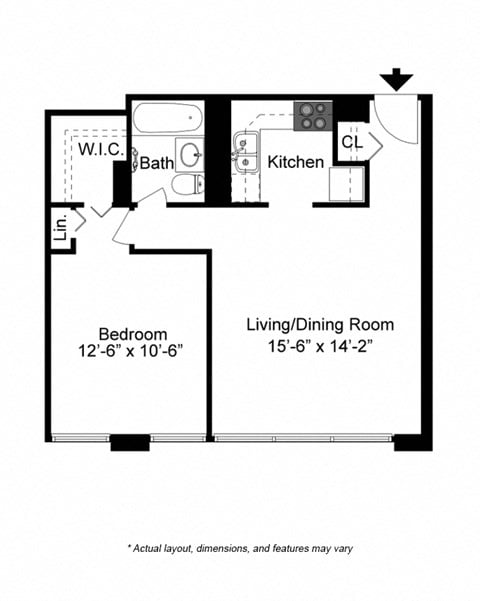 Floor plan for 1 bed, 1 bath, 561 sqft